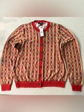 Ann Taylor Beige Cardigan with Red Chain-Pattern Trim size M BNWT